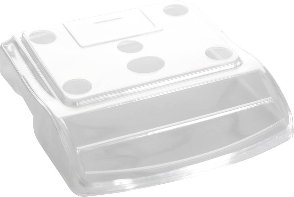 Transparenter Kunststoffdeckel mit fünf kreisförmigen Öffnungen und rechteckigem Verschluss, wahrscheinlich für Lebensmittelbehälter.