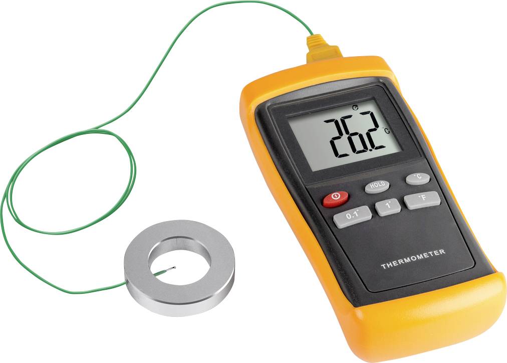 Ein digitales Thermometer mit gelbem Rahmen zeigt '20,2' auf dem Display an. Es ist mit einem grünen Kabel verbunden, das auf einer Metallfläche liegt.