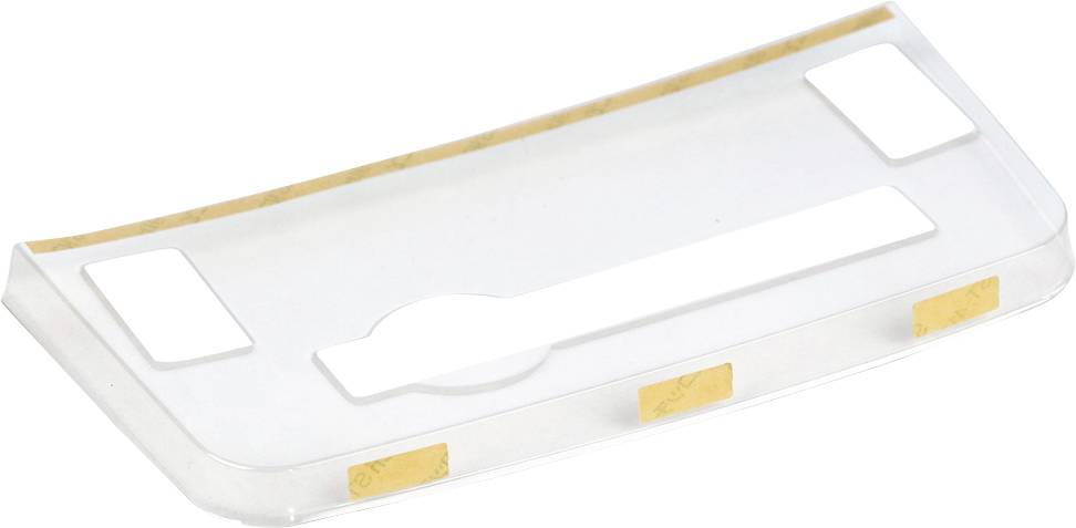 Transparente Kunststoffhalterung mit mehreren rechteckigen Aussparungen und verklebten gelben Streifen oben und unten.