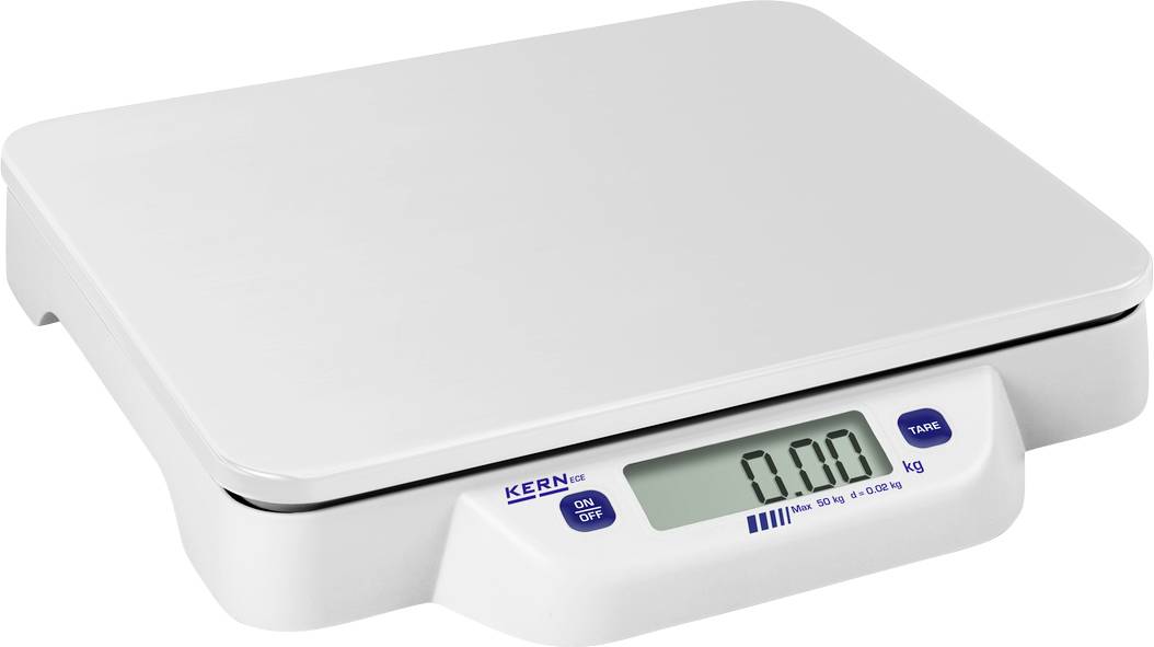 Elektronische Küchenwaage mit digitaler Anzeige, zeigt '0.00 kg'. Hauptsächlich in Weiß gehalten, kompakte rechteckige Form.