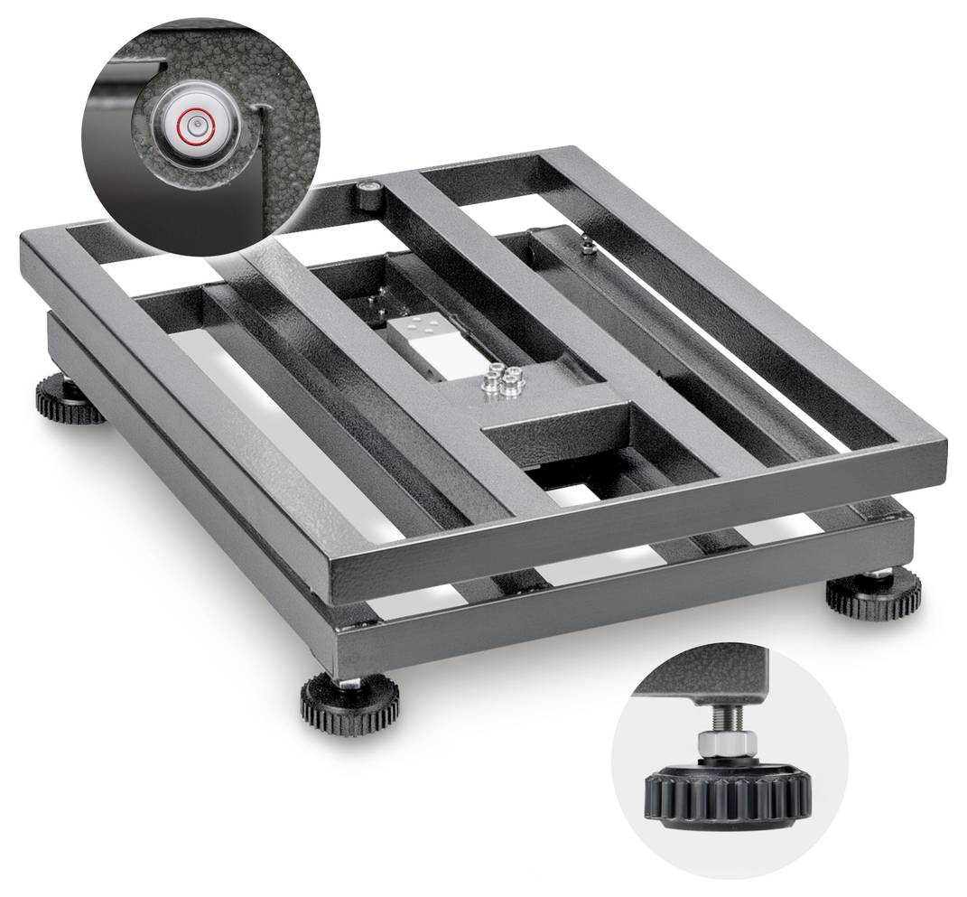 Metallische Plattform mit verstellbaren Füßen, geeignet zum Heben oder Stabilisieren von Geräten. Nahaufnahme zeigt Niveauregler.