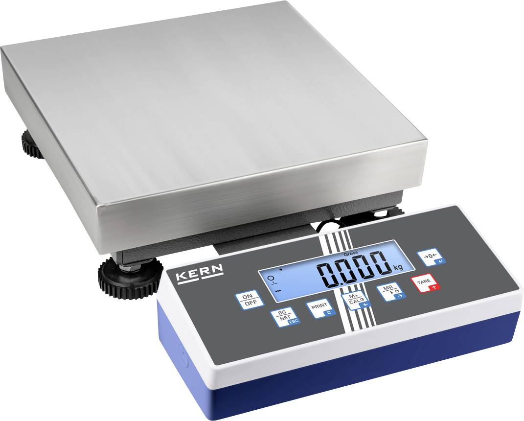 Digitale Tischwaage mit Edelstahlplattform und blauem Display zeigt '0.000 kg'; Tasten zur Bedienung darunter.