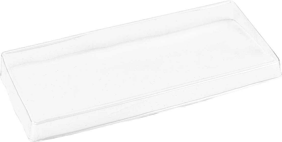Klare rechteckige Kunststoffschale, flach und transparent, geeignet für die Präsentation oder Aufbewahrung kleiner Gegenstände.