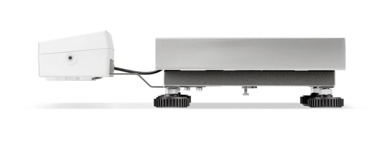 Ein rechteckiges, flaches elektronisches Gerät mit verstellbaren Füßen und einem angeschlossenen weißen Gehäuse auf der linken Seite.