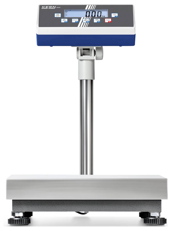 Digitale Waage mit einem Display auf einem Standfuß, zeigt Gewicht in Kilogramm. Geeignet für präzises Wiegen in Laboren oder Geschäften.