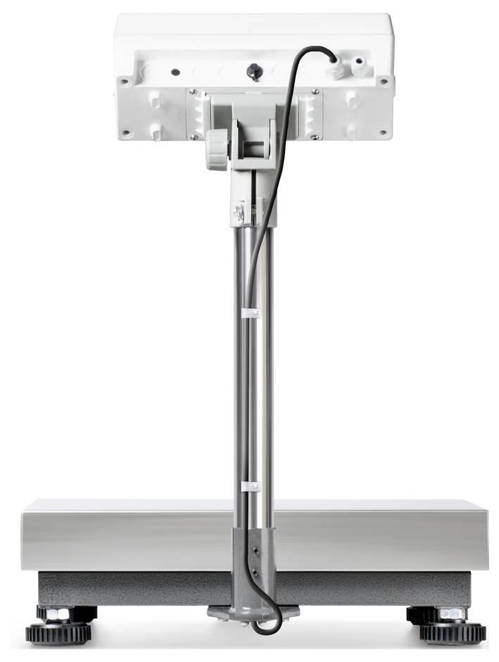 Industriewaage mit digitalem Display auf Ständer. Verbindungs- und Stromkabel sind sichtbar. Geeignet für präzise Gewichtsmessungen.