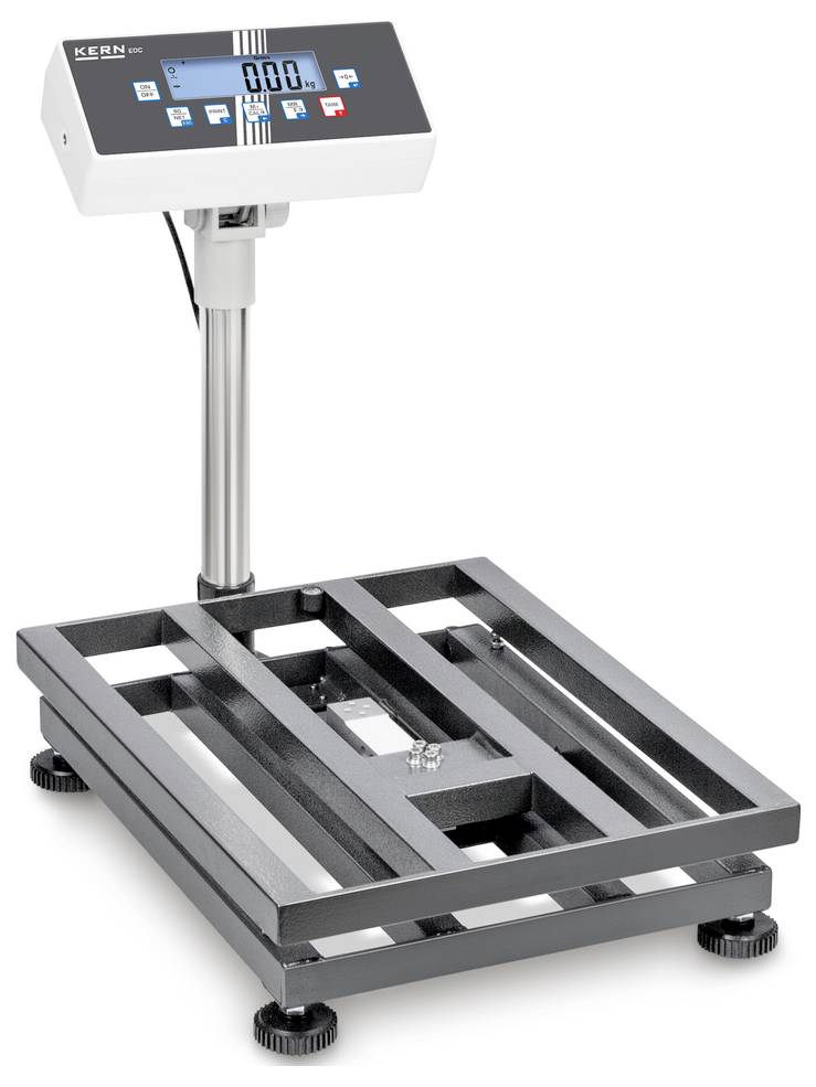 Eine industrielle Plattformwaage mit digitalem Display, das Gewicht in Kilogramm anzeigt. Sie hat vier einstellbare Füße.