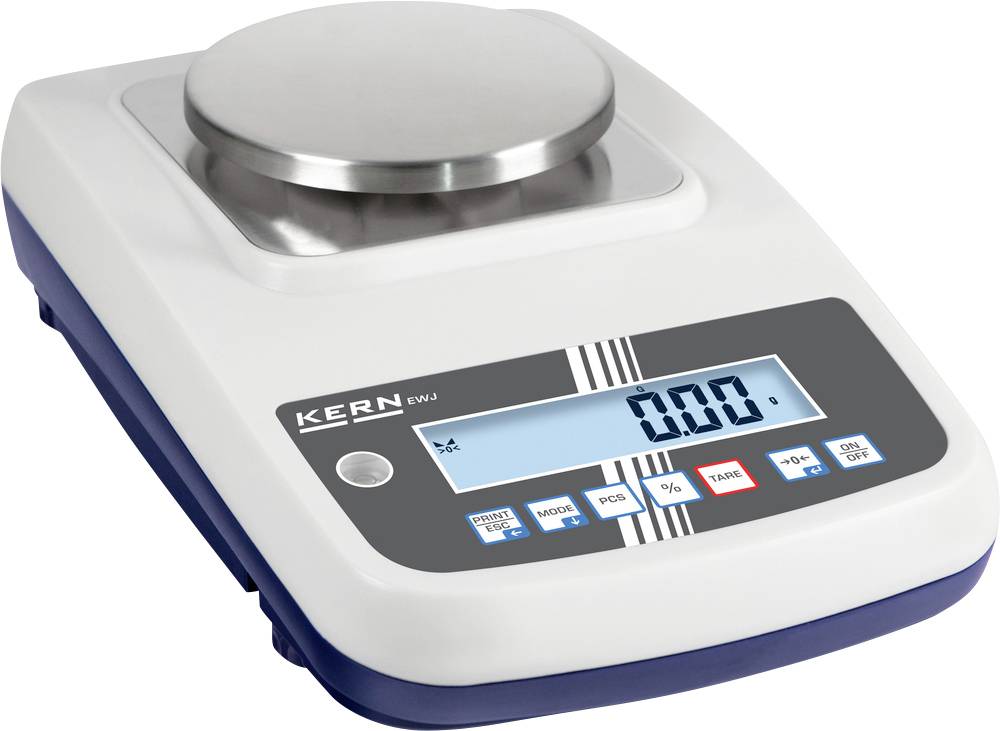 Elektronische Waage mit digitalem Display, das '0,00' anzeigt, KERN-Logo sichtbar.