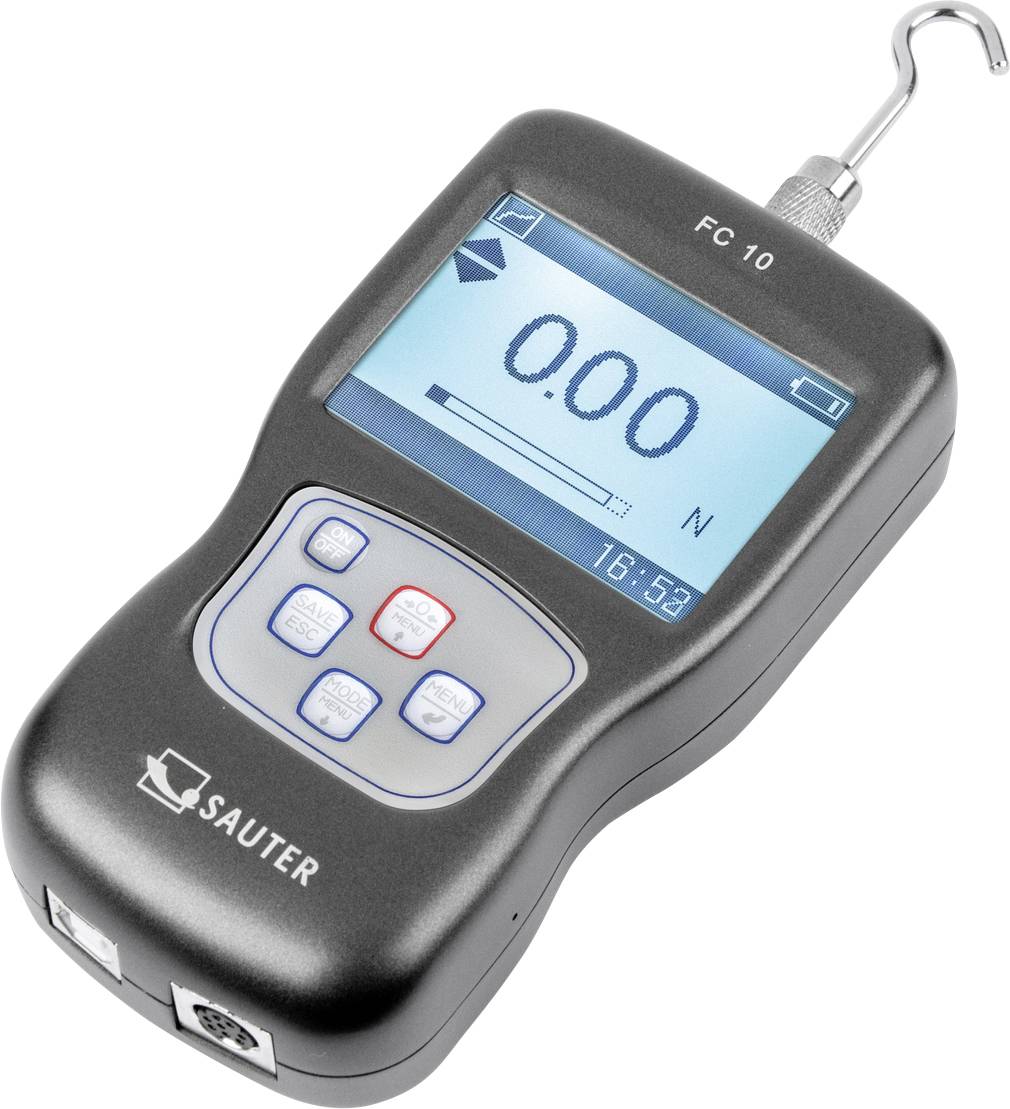 Digitales Kraftmessgerät mit Haken an der Oberseite und großem Bildschirm, der '0,00 N' anzeigt, darunter Bedientasten.