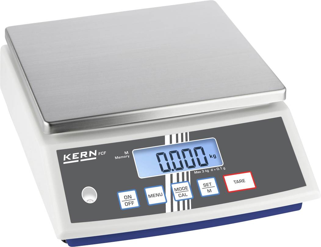 Eine digitale Waage mit blau beleuchtetem Display zeigt '0,000 kg' an. Tasten für An/Aus, Menü, Modus und Tarierfunktion sind sichtbar.