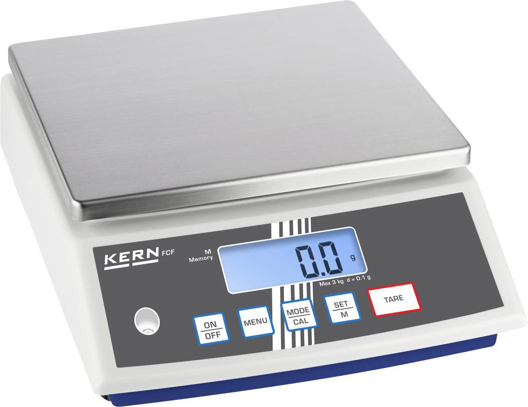 Elektronische Waage mit digitalem Display zeigt '0.0 g'. Tasten: 'ON/OFF', 'MENU', 'CAL', 'SET', 'TARE'. Maximale Kapazität 3 kg, Genauigkeit 1 g.