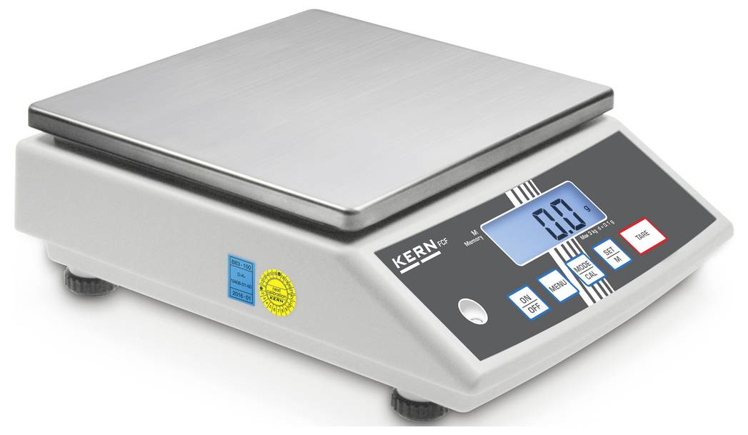 Elektronische Waage mit digitaler Anzeige. Zeigt Gewicht an und hat Tasten zur Bedienung. Geeignet für präzises Wiegen.