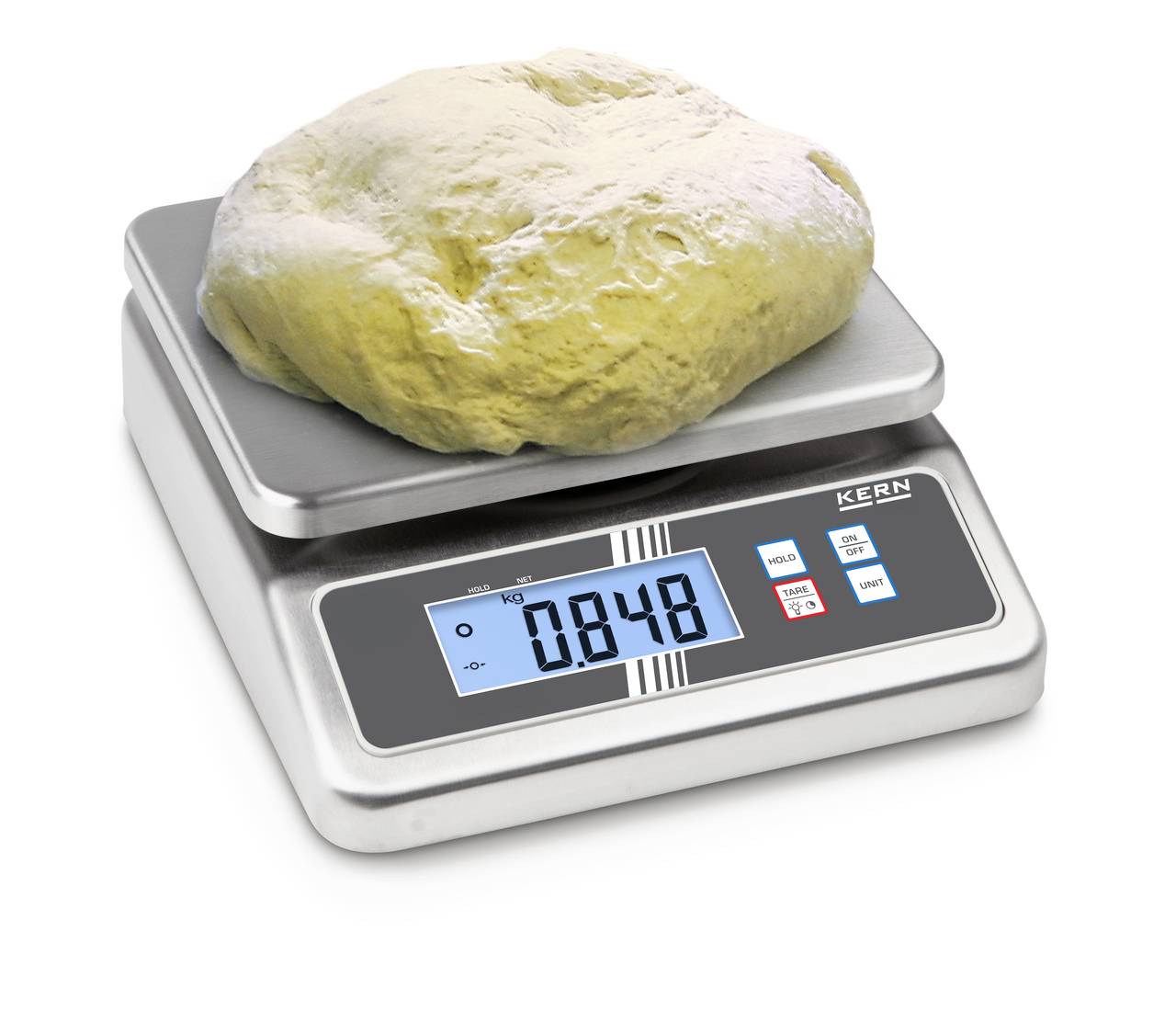 Teigstück auf digitaler Küchenwaage, Anzeige zeigt '0,848 kg'.