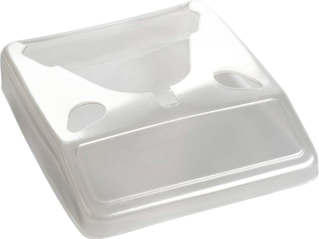 Ein transparenter, rechteckiger Plastikdeckel mit abgerundeten Ecken und zwei ovalen Öffnungen.