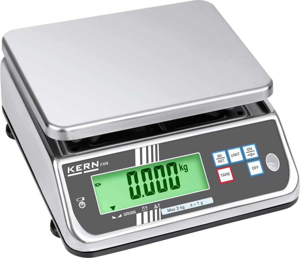 Digitale Waage mit grünem Display zeigt '0.000 kg'. Bedienfeld mit Tasten für Tara, Einheiten und Ein/Aus-Schaltung.