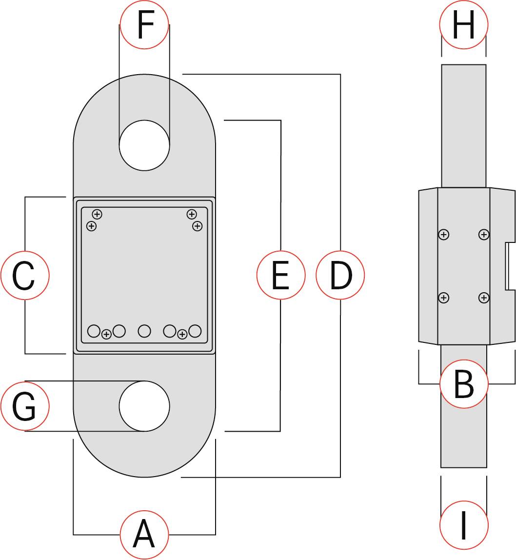 Diagramm einer mechanischen Vorrichtung mit Hauptkomponenten A bis I markiert. Zeigt Abmessungen und Positionierung der Teile.