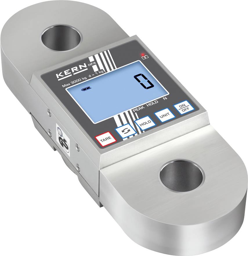 Digitaler Kraftmesser mit Metallgehäuse, großem LCD-Bildschirm und Bedienknöpfen; zeigt eine Kraftmessung von '0' an.