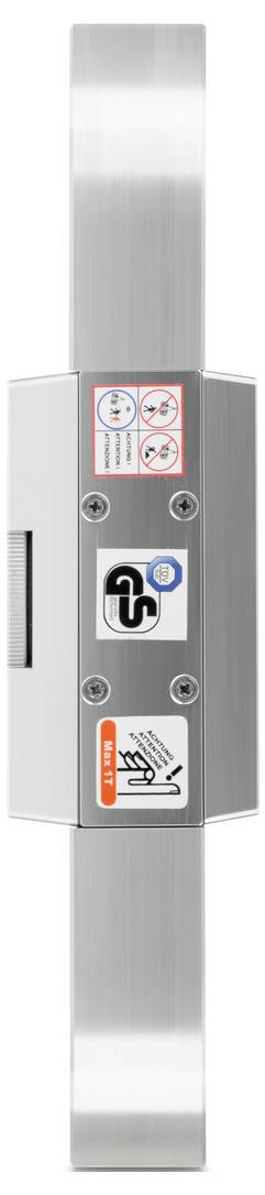 Ein silberfarbenes Sicherheitsschloss mit Anweisungen, darunter ein Warnsymbol. Geeignet für Türinstallationen, zeigt Richtung und Handhabung.