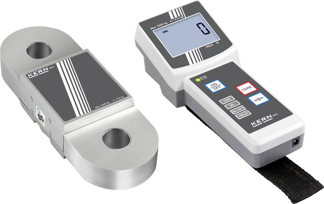 Digitale Kranwaage mit separater Anzeigeeinheit, zeigt '0' kg an, mit Funktionstasten für Einheitenwechsel und Datenübertragung.