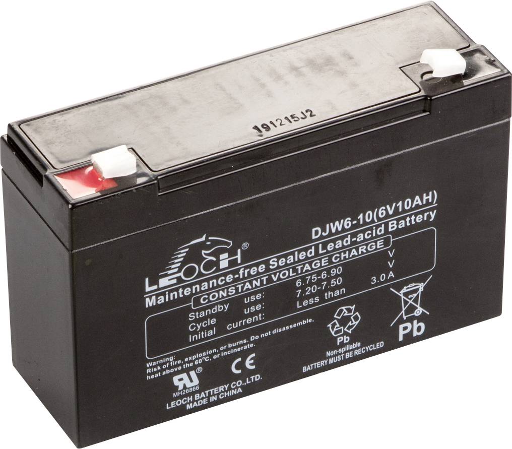 Schwarze, versiegelte Blei-Säure-Batterie von Leoch mit Spezifikationen: Spannung 6V, Kapazität 10Ah, Warnhinweis 'MUSS RECYCELT WERDEN'.