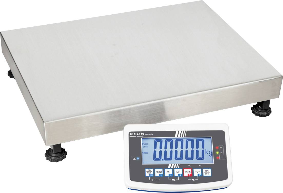 Bodenwaage aus Metall mit digitaler Anzeige, zeigt '0.0000 kg'. Sie steht auf verstellbaren Füßen.