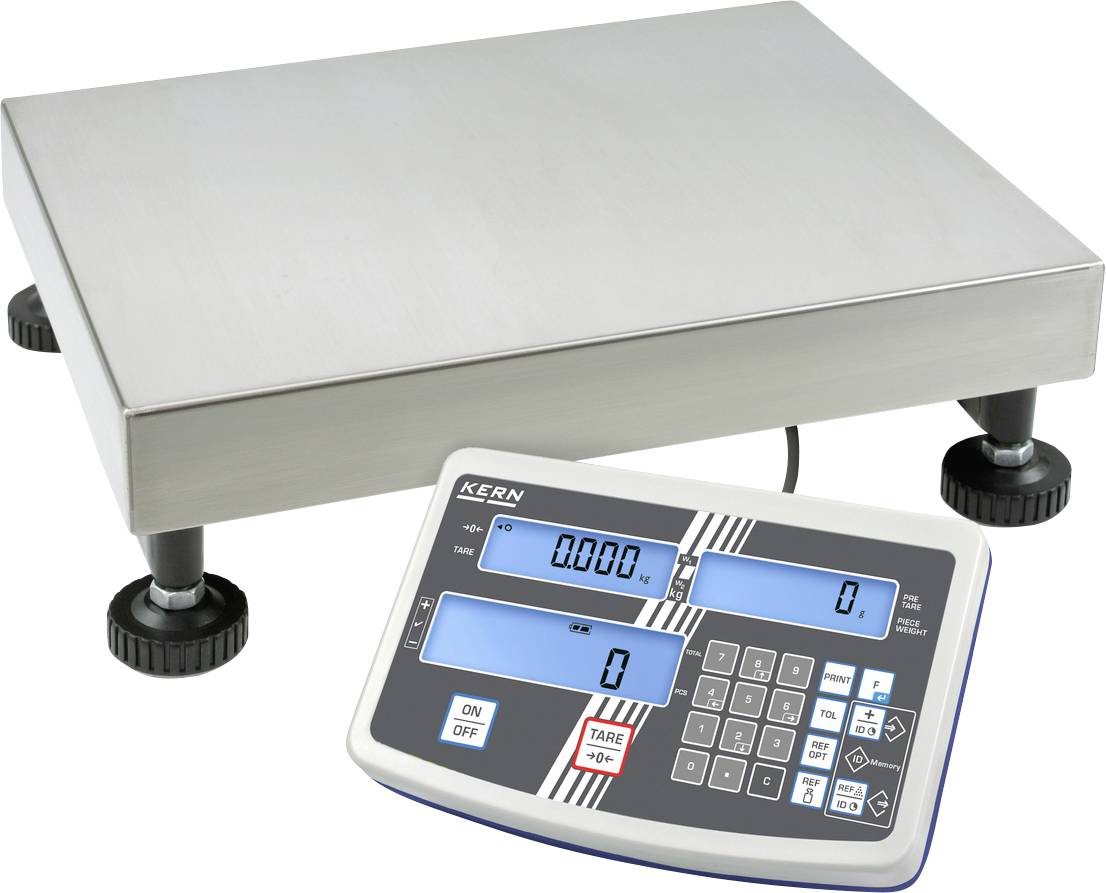 Industrielle Waage mit Edelstahlplattform und digitalem Display mit Bedientasten, zeigt Gewicht „0,000 kg“.