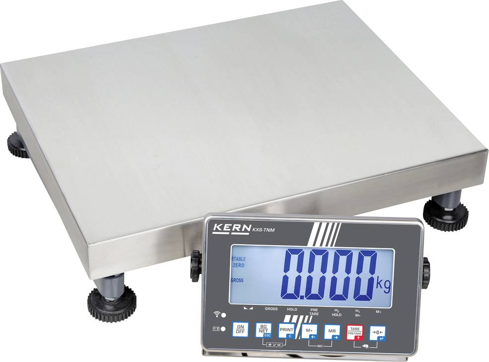 Industrielle Waage mit digitalem Display zeigt '0.000 kg'. Edelstahl-Plattform mit verstellbaren Füßen.