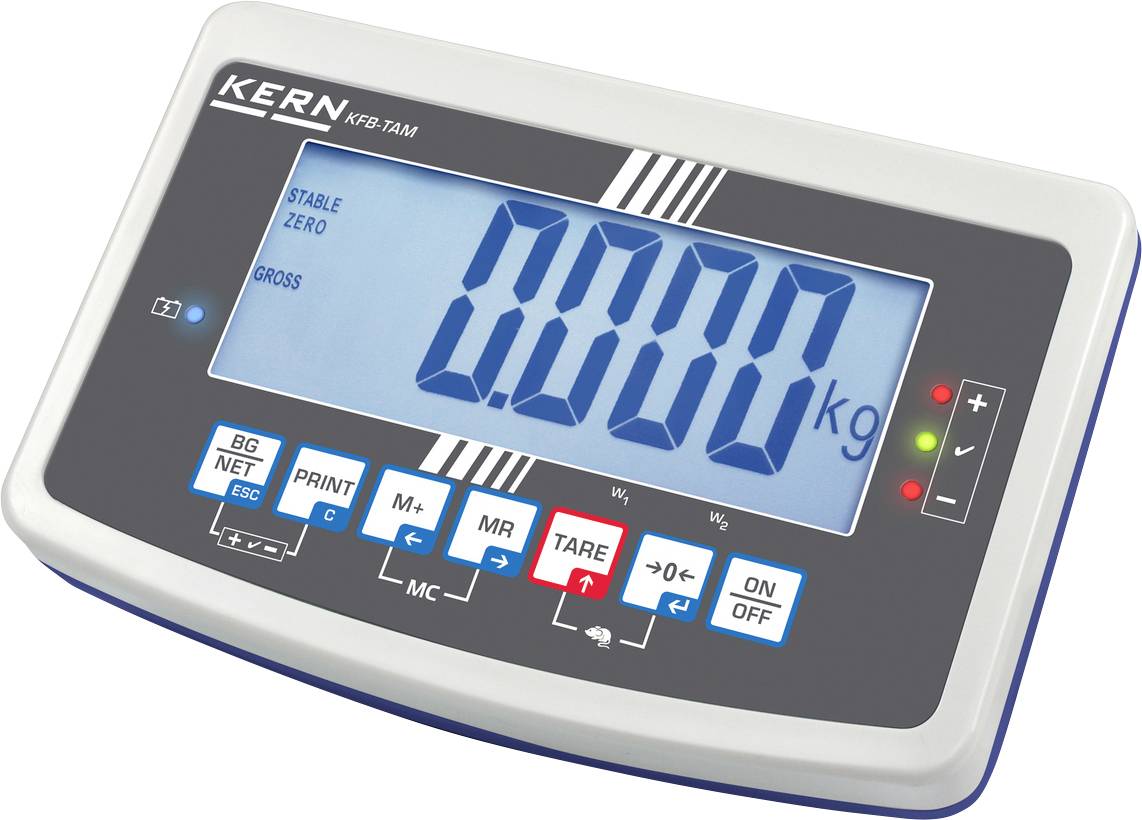 Digitalanzeige einer Waage zeigt '0,000 kg'. Zahlreiche Funktionstasten darunter: BG NET, PRINT, TARE, AN/AUS.