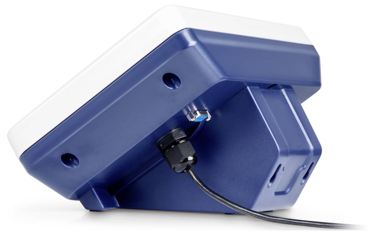 Ein blaues elektronisches Gerät mit einem Kabel, vermutlich ein Sensor oder eine Messvorrichtung, von der Seite betrachtet.