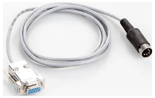 Ein graues Kabel mit einem VGA-Stecker auf der einen Seite und einem runden 5-poligen DIN-Stecker auf der anderen.