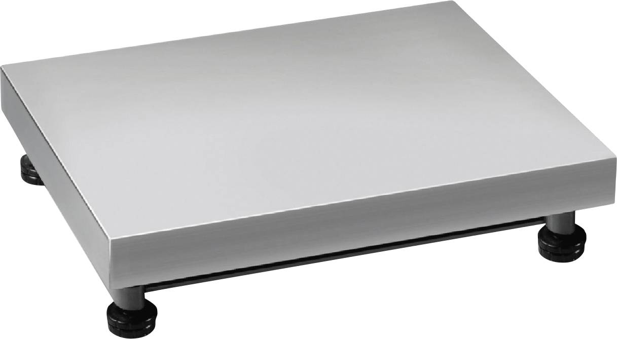 Metallische Waagenbasis mit vier schwarzen Füßen. Quadratische Form, stabil und schlicht im Design, geeignet für industrielle Anwendungen.