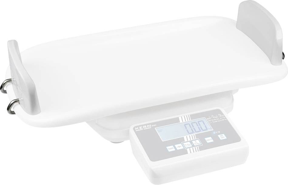 Elektronische Babywaage mit digitalem Display zeigt 0,0 an. Rechteckige Wiegefläche mit erhöhter Umrandung, geeignet für Babys.