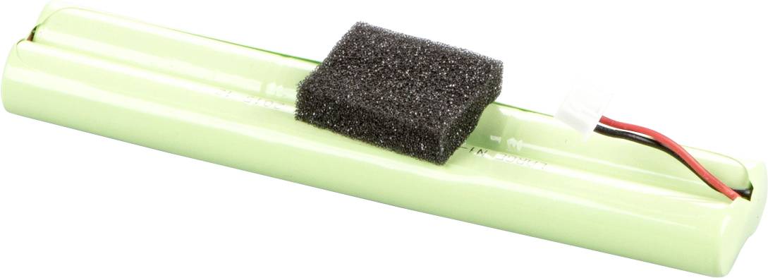 Ein länglicher grüner Batteriezylinder mit schwarzem Schaumstoffstück und Kabelstecker. Batterie geeignet für ferngesteuertes Gerät.