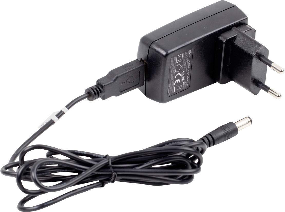 Ein schwarzes Netzteil mit EU-Stecker und einem langen Kabel. Es ist ein Ladegerät für elektronische Geräte, zeigt CE-Kennzeichnung.