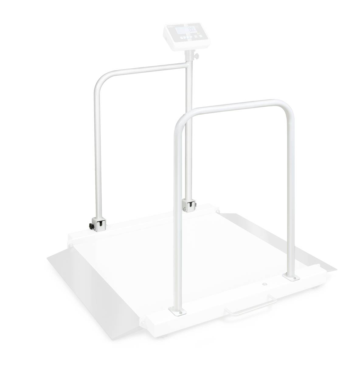 Patientenwaage mit Handläufen und Digitalanzeige, geeignet für Rollstuhlfahrer. Ideal für präzise Gewichtsmessungen im medizinischen Bereich.