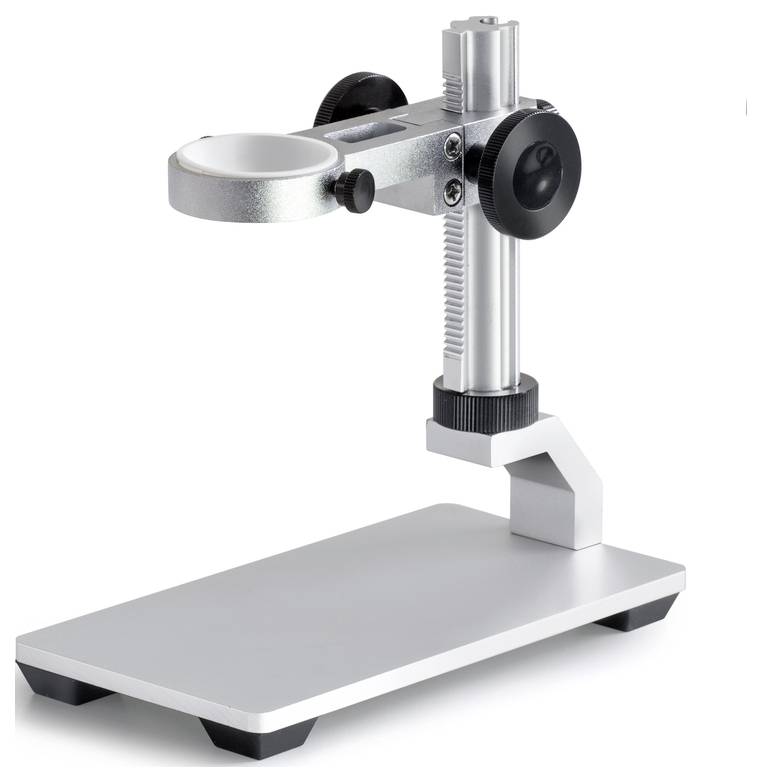 Mikroskopständer aus Metall mit verstellbarem Arm und stabilem Sockel, geeignet für Präzisionsuntersuchungen im Labor.