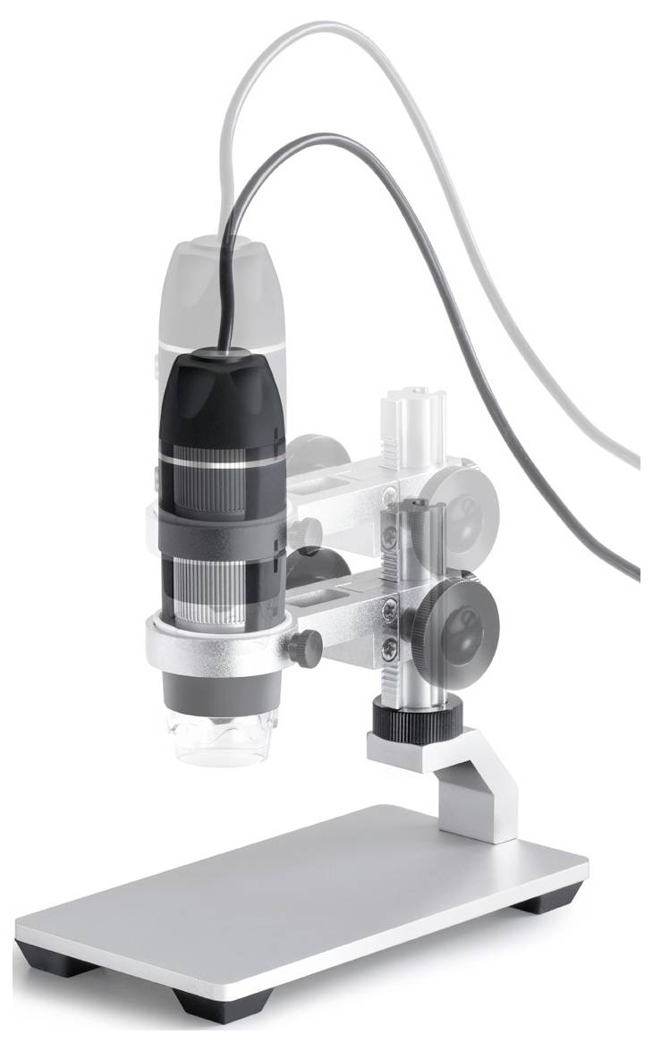 Ein digitales Mikroskop mit Metallständer und USB-Anschluss, geeignet für Nahaufnahmen und kleine Detailuntersuchungen.