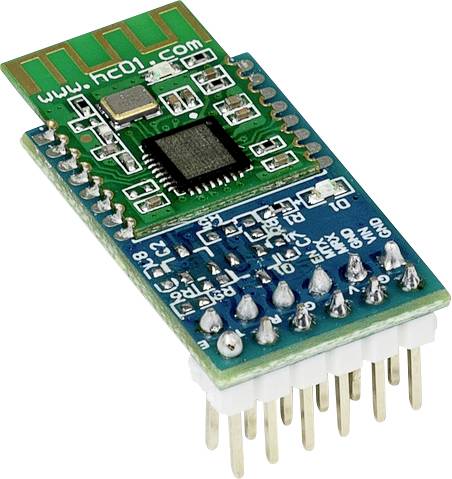 Ein blaues, rechteckiges Bluetooth-Modul mit grün-schwarzem Chip und weißen Steckkontakten. Geeignet für drahtlose Kommunikation.