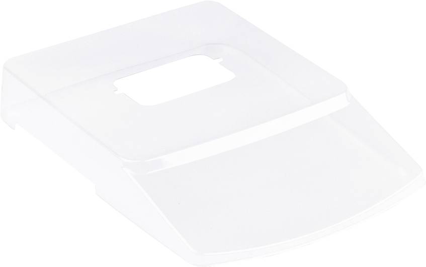 Ein transparenter Kunststoffdeckel mit rechteckiger Aussparung in der Mitte, wahrscheinlich für ein elektronisches Gerät oder ein Gehäuse.