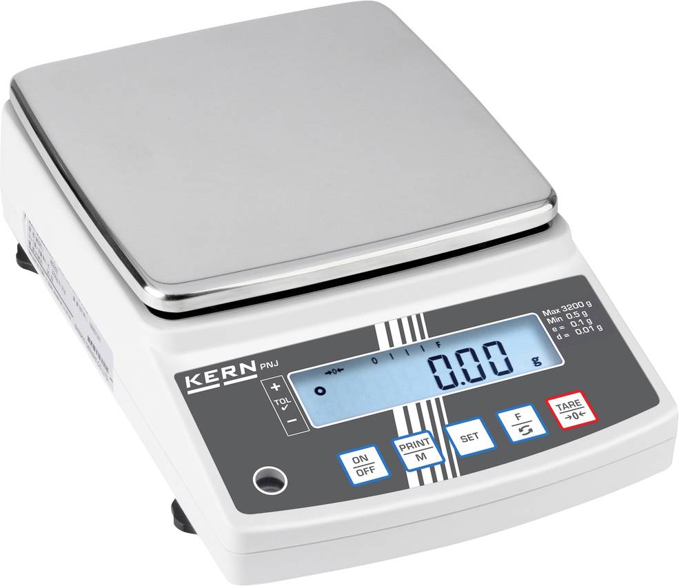 Eine digitale Waage zeigt '0,00 g' auf einem LCD-Display an. Sie hat Bedienknöpfe für Funktionen wie Ein-/Ausschalten und Tara.