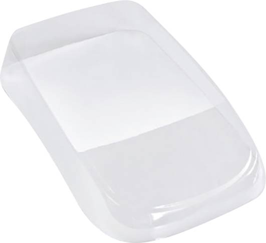 Ein transparentes, rechteckiges Tablett aus Kunststoff, möglicherweise zur Aufbewahrung oder Präsentation von Gegenständen geeignet.