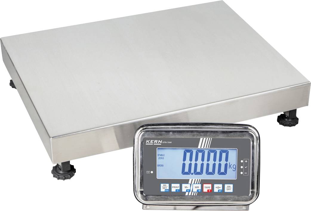 Digitale Waage aus Edelstahl mit großem Display, zeigt '0,000 kg'. Vier verstellbare Füße für Stabilität.