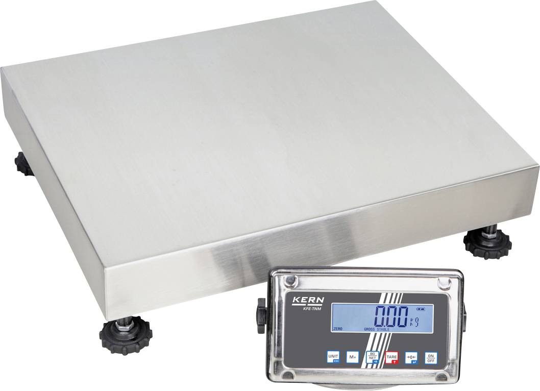 Digitale Plattformwaage mit Edelstahloberfläche, vier verstellbare Füße und digitales Display, zeigt '0.00 kg'.