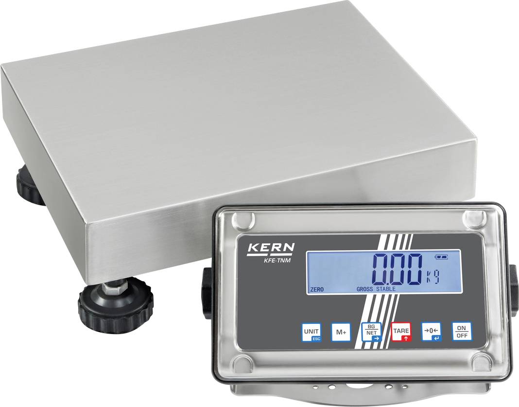 Elektronische Waage mit digitalem Display, das '0,00 kg' anzeigt. Steuerungstasten für Einheiten, Taragewicht und Ein/Aus.
