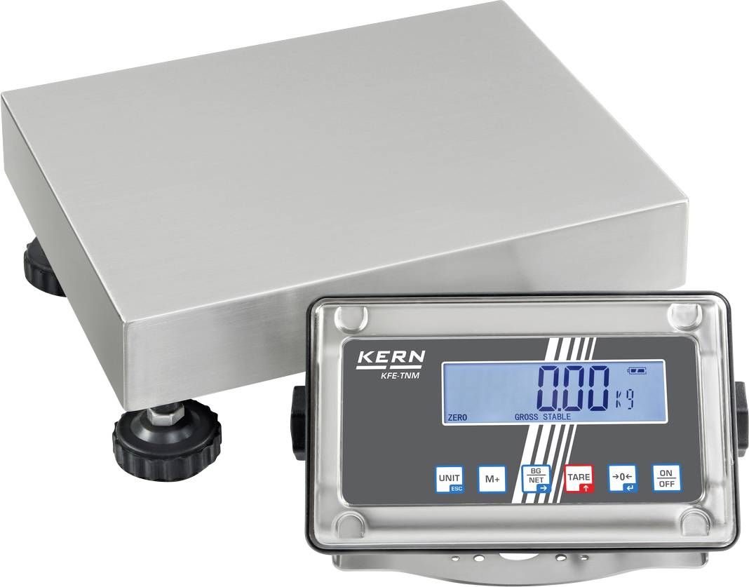 Waage mit digitalem Display, das '0,00 kg' zeigt. Edelstahlplattform mit verstellbaren Füßen. Marke 'Kern' auf Display.