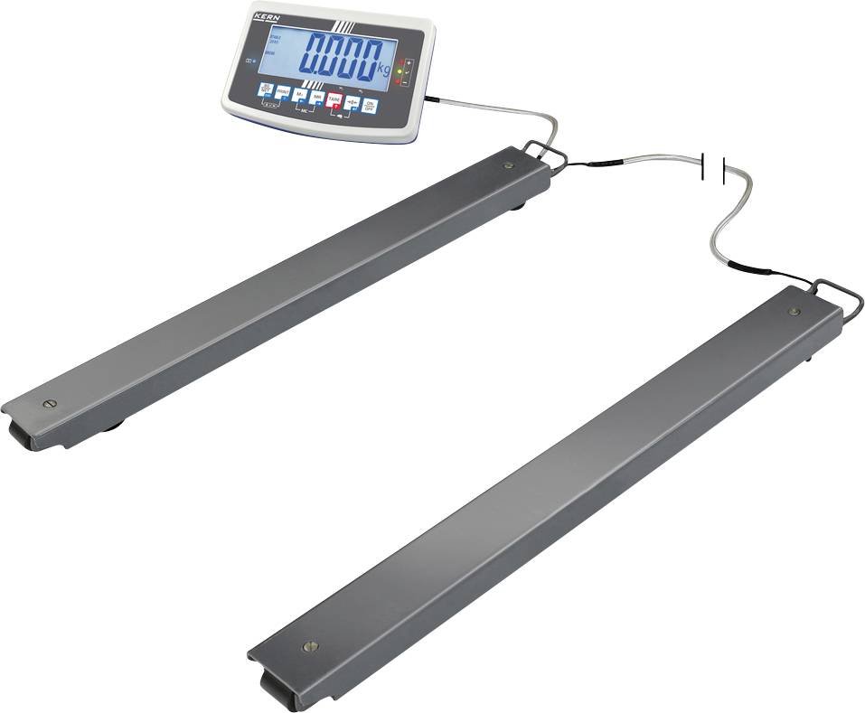 Elektronische Waage mit digitalem Display. Zeigt '0,000 kg' an. Zwei längliche Plattformen sind durch ein Kabel verbunden.