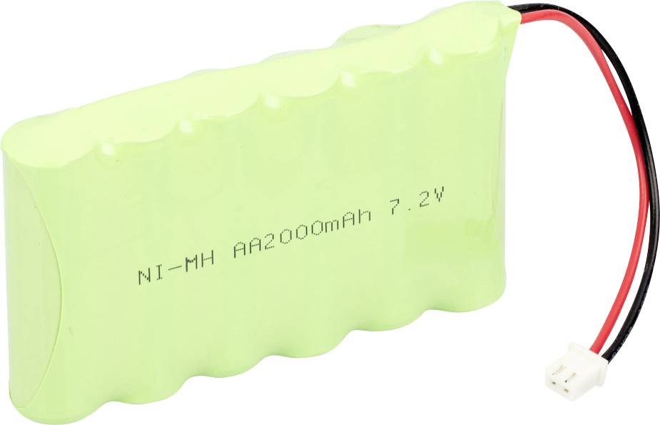 Grüne, wiederaufladbare Ni-MH-Batterie mit der Aufschrift 'NI-MH AA2000mAh 7.2V' und einem Anschlusskabel mit Stecker.