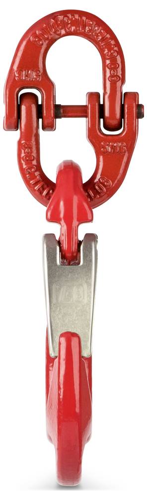 Roter Haken mit Metallverbindung, industrielles Hebezeug, vertikal ausgerichtet.