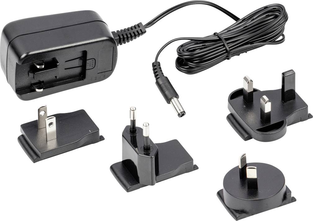 Ein schwarzes Netzteil mit mehreren austauschbaren Steckern für verschiedene Länder, inklusive EU-, UK-, US- und AU-Adapter.