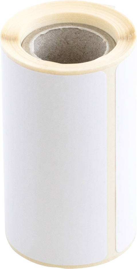 Weiße Etikettenrolle, vertikal stehend, mit sichtbarem Kern und abnehmbaren Papieretiketten.